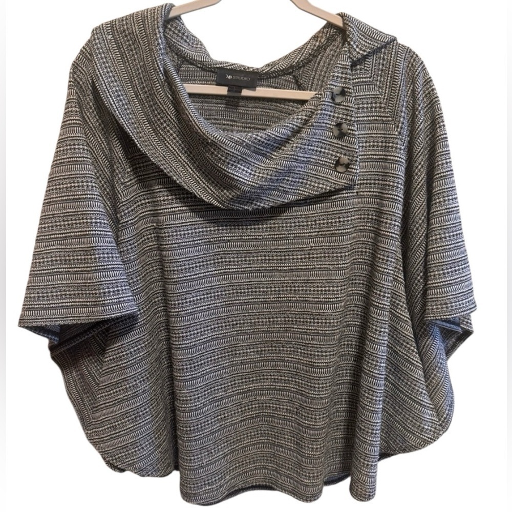 AB Studio Black white Poncho Sweater Pullover Button Detail Sz L